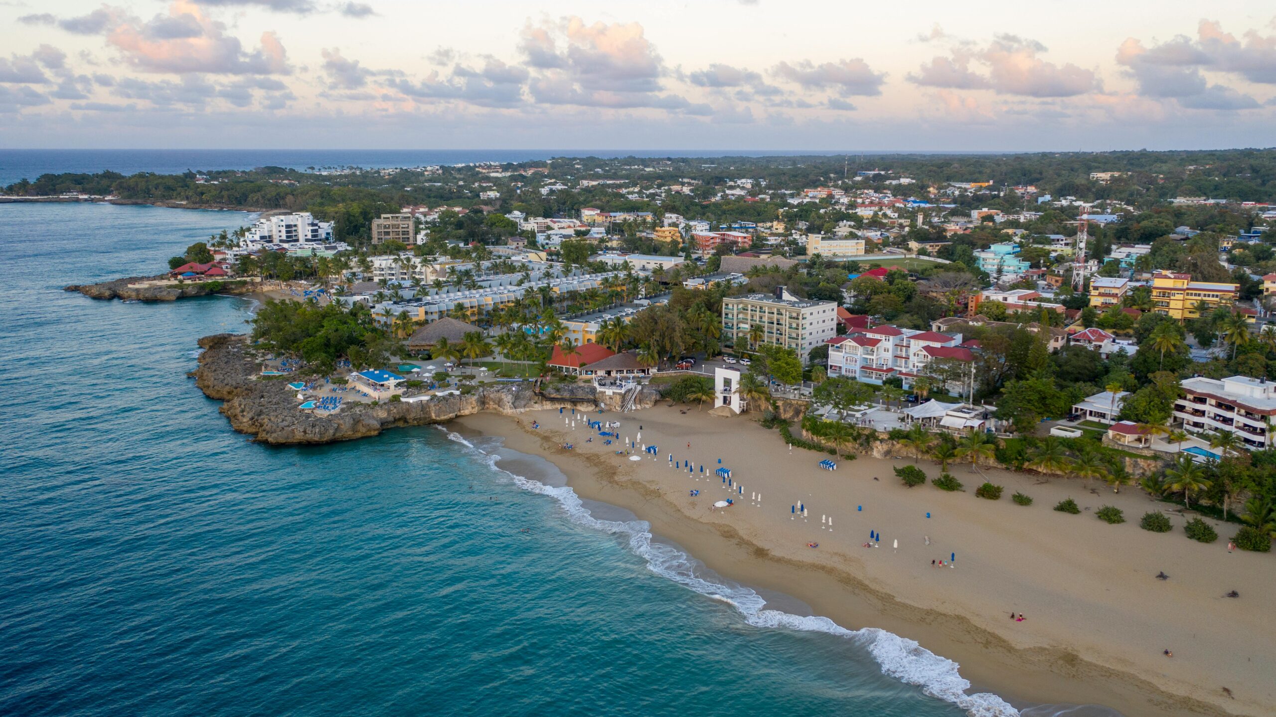 Stunning aerial view of Sosúa Beach and town in Puerto Plata, Dominican Republic.